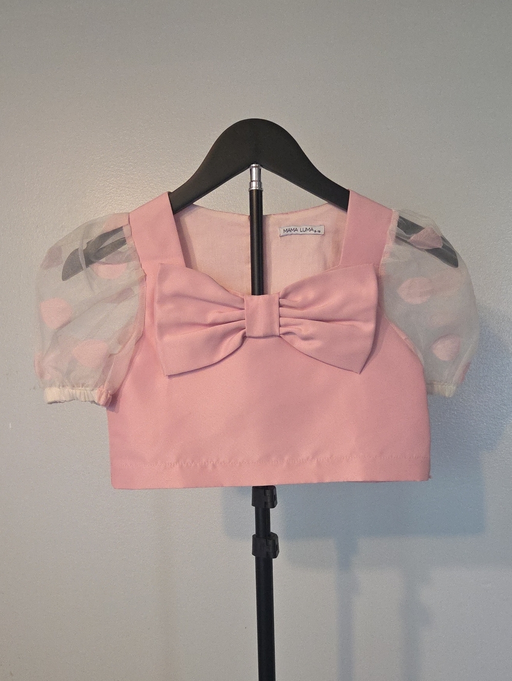 Pink Bow Puff-Sleeve Crop Top for Kids Headshot